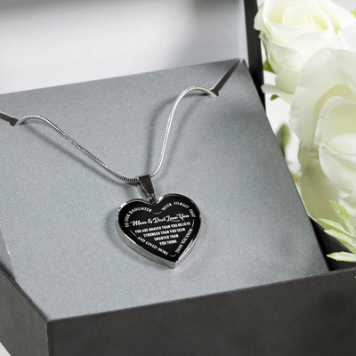 TO OUR DAUGHTER, YOU ARE BRAVER, MOM & DAD LOVE YOU - GOLD AND SILVER FINISHED HEART SHAPED NECKLACE AND BANGLE BRACELET (WHITE TEXT ON BLACK) EO