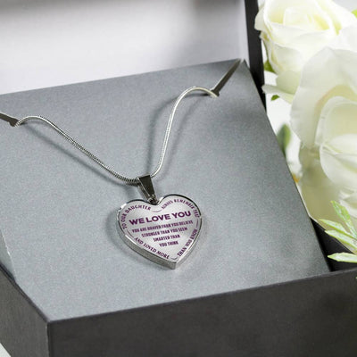 TO OUR DAUGHTER, ALWAYS REMEMBER THAT, WE LOVE YOU - (PURPLE ON TRANSPARENT) SILVER OR GOLD FINISHED HEART NECKLACE AND BANGLE BRACELET NEW EO