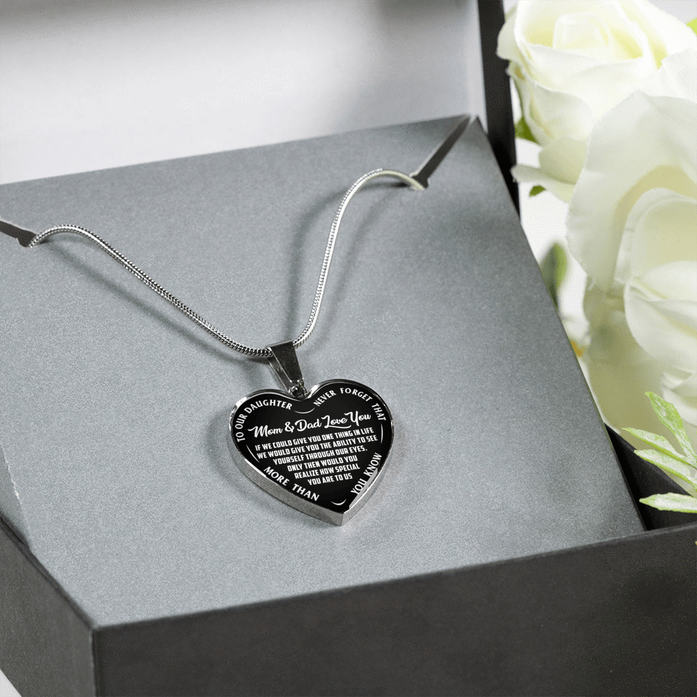 TO OUR DAUGHTER, MOM & DAD LOVE YOU, NEVER FORGET THAT - GOLD AND SILVER FINISHED HEART SHAPED NECKLACE AND BANGLE BRACELET(WHITE TEXT ON BLACK) EO