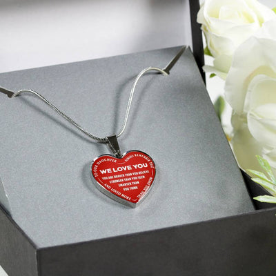 TO OUR DAUGHTER, ALWAYS REMEMBER THAT, WE LOVE YOU - (WHITE ON RED) SILVER OR GOLD FINISHED HEART NECKLACE AND BANGLE BRACELET NEW EO