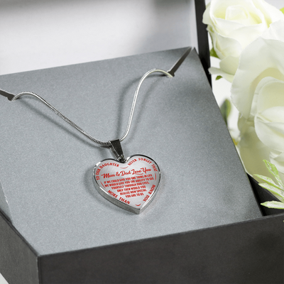 TO OUR DAUGHTER, MOM & DAD LOVE YOU, NEVER FORGET THAT - GOLD AND SILVER FINISHED HEART SHAPED NECKLACE AND BANGLE BRACELET(RED TEXT ON TRANSPARENT) EO