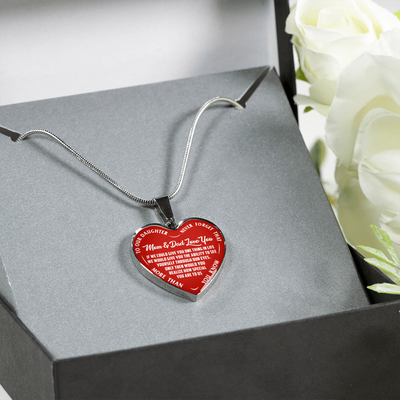 TO OUR DAUGHTER, MOM & DAD LOVE YOU, NEVER FORGET THAT - GOLD AND SILVER FINISHED HEART SHAPED NECKLACE AND BANGLE BRACELET(WHITE TEXT ON RED) EO