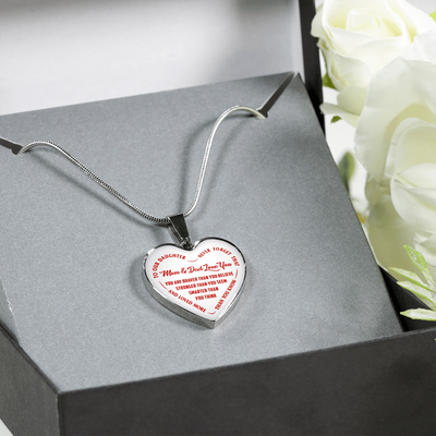 TO OUR DAUGHTER, YOU ARE BRAVER, MOM & DAD LOVE YOU - GOLD AND SILVER FINISHED HEART SHAPED NECKLACE AND BANGLE BRACELET (RED TEXT ON WHITE) EO