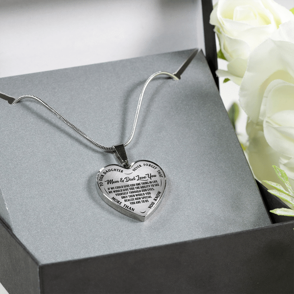 TO OUR DAUGHTER, MOM & DAD LOVE YOU, NEVER FORGET THAT - GOLD AND SILVER FINISHED HEART SHAPED NECKLACE AND BANGLE BRACELET(BLACK TEXT ON TRANSPARENT) EO