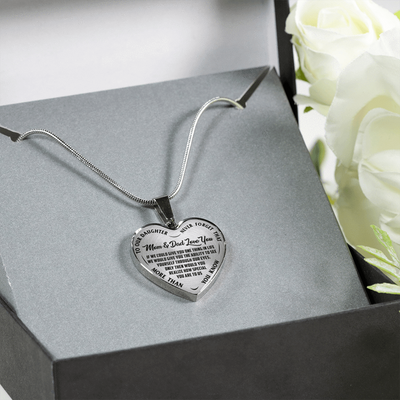 TO OUR DAUGHTER, MOM & DAD LOVE YOU, NEVER FORGET THAT - GOLD AND SILVER FINISHED HEART SHAPED NECKLACE AND BANGLE BRACELET(BLACK TEXT ON TRANSPARENT) EO
