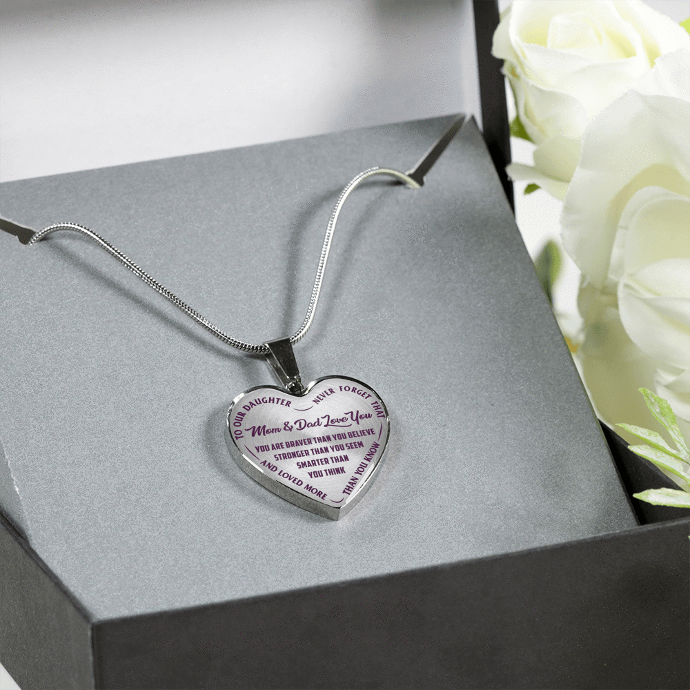 TO OUR DAUGHTER, YOU ARE BRAVER, MOM & DAD LOVE YOU - GOLD AND SILVER FINISHED HEART SHAPED NECKLACE AND BANGLE BRACELET (PURPLE TEXT ON TRANSPARENT) EO