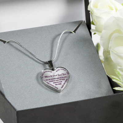 TO OUR DAUGHTER, YOU ARE BRAVER, MOM & DAD LOVE YOU - GOLD AND SILVER FINISHED HEART SHAPED NECKLACE AND BANGLE BRACELET (PURPLE TEXT ON TRANSPARENT) EO