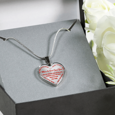 TO OUR DAUGHTER, YOU ARE BRAVER, MOM & DAD LOVE YOU - GOLD AND SILVER FINISHED HEART SHAPED NECKLACE AND BANGLE BRACELET (RED TEXT ON TRANSPARENT) EO