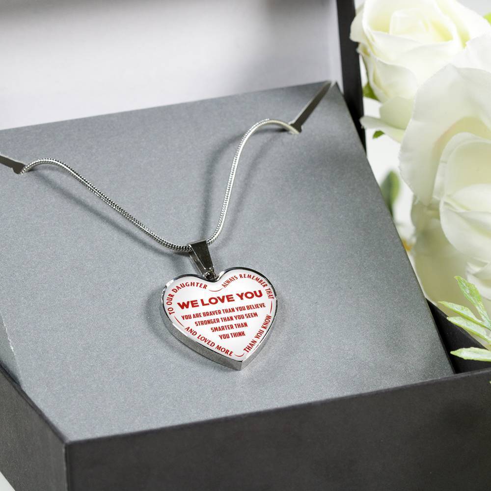 TO OUR DAUGHTER, ALWAYS REMEMBER THAT, WE LOVE YOU - (RED ON WHITE) SILVER OR GOLD FINISHED HEART NECKLACE AND BANGLE BRACELET NEW EO