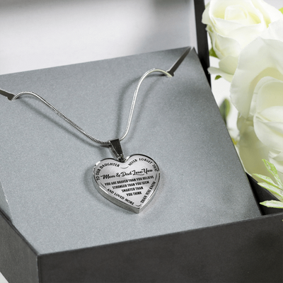 TO OUR DAUGHTER, YOU ARE BRAVER, MOM & DAD LOVE YOU - GOLD AND SILVER FINISHED HEART SHAPED NECKLACE AND BANGLE BRACELET (BLACK TEXT ON TRANSPARENT) EO