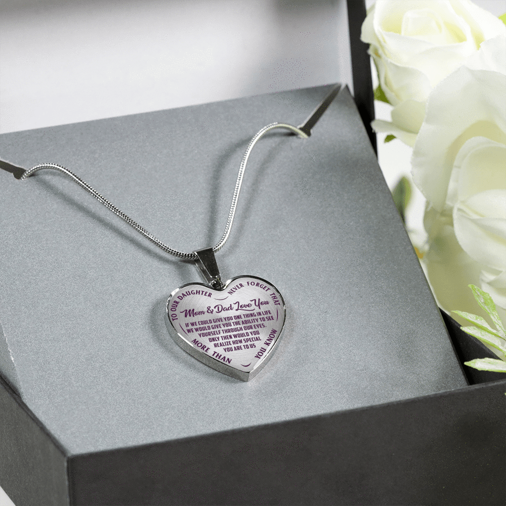 TO OUR DAUGHTER, MOM & DAD LOVE YOU, NEVER FORGET THAT - GOLD AND SILVER FINISHED HEART SHAPED NECKLACE AND BANGLE BRACELET(PURPLE TEXT ON TRANSPARENT) EO