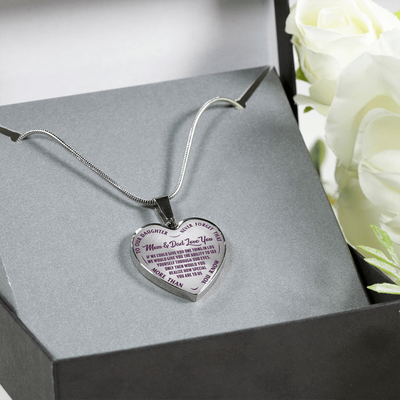 TO OUR DAUGHTER, MOM & DAD LOVE YOU, NEVER FORGET THAT - GOLD AND SILVER FINISHED HEART SHAPED NECKLACE AND BANGLE BRACELET(PURPLE TEXT ON TRANSPARENT) EO