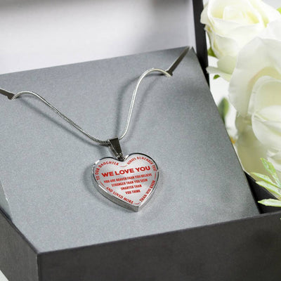 TO OUR DAUGHTER, ALWAYS REMEMBER THAT, WE LOVE YOU - (RED ON TRANSPARENT) SILVER OR GOLD FINISHED HEART NECKLACE AND BANGLE BRACELET NEW EO