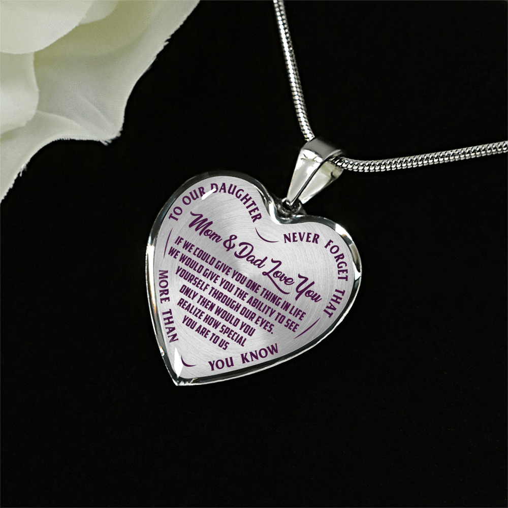 TO OUR DAUGHTER, MOM & DAD LOVE YOU, NEVER FORGET THAT - GOLD AND SILVER FINISHED HEART SHAPED NECKLACE AND BANGLE BRACELET(PURPLE TEXT ON TRANSPARENT) EO