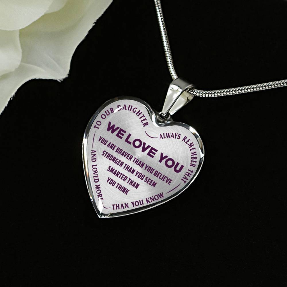 TO OUR DAUGHTER, ALWAYS REMEMBER THAT, WE LOVE YOU - (PURPLE ON TRANSPARENT) SILVER OR GOLD FINISHED HEART NECKLACE AND BANGLE BRACELET NEW EO