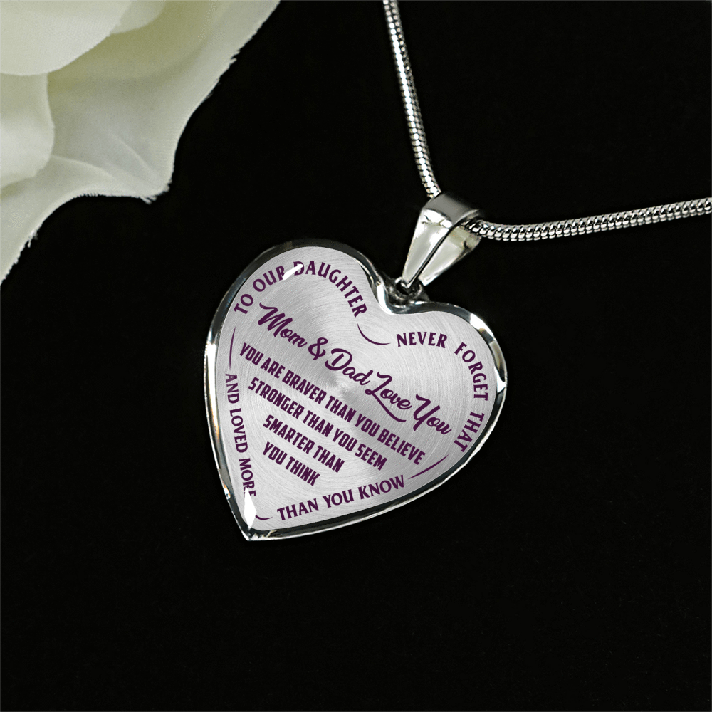 TO OUR DAUGHTER, YOU ARE BRAVER, MOM & DAD LOVE YOU - GOLD AND SILVER FINISHED HEART SHAPED NECKLACE AND BANGLE BRACELET (PURPLE TEXT ON TRANSPARENT) EO