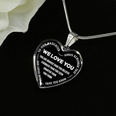 TO OUR DAUGHTER, ALWAYS REMEMBER THAT, WE LOVE YOU - (WHITE ON BLACK) SILVER OR GOLD FINISHED HEART NECKLACE AND BANGLE BRACELET NEW EO