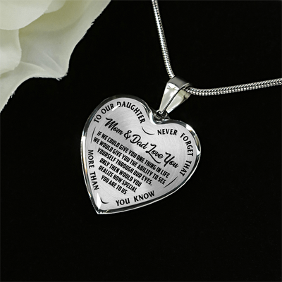 TO OUR DAUGHTER, MOM & DAD LOVE YOU, NEVER FORGET THAT - GOLD AND SILVER FINISHED HEART SHAPED NECKLACE AND BANGLE BRACELET(BLACK TEXT ON TRANSPARENT) EO