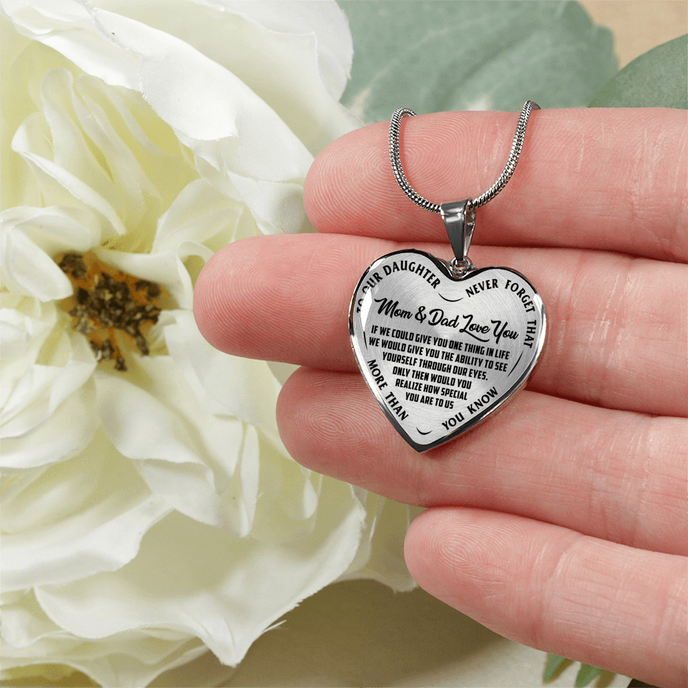 TO OUR DAUGHTER, MOM & DAD LOVE YOU, NEVER FORGET THAT - GOLD AND SILVER FINISHED HEART SHAPED NECKLACE AND BANGLE BRACELET(BLACK TEXT ON TRANSPARENT) EO