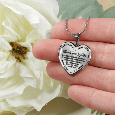 TO OUR DAUGHTER, MOM & DAD LOVE YOU, NEVER FORGET THAT - GOLD AND SILVER FINISHED HEART SHAPED NECKLACE AND BANGLE BRACELET(BLACK TEXT ON TRANSPARENT) EO