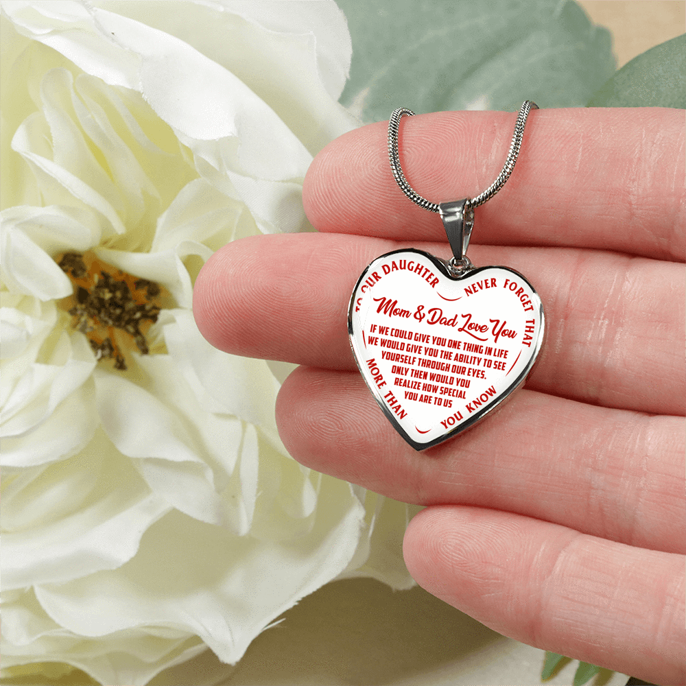 TO OUR DAUGHTER, MOM & DAD LOVE YOU, NEVER FORGET THAT - GOLD AND SILVER FINISHED HEART SHAPED NECKLACE AND BANGLE BRACELET (RED TEXT ON WHITE) EO