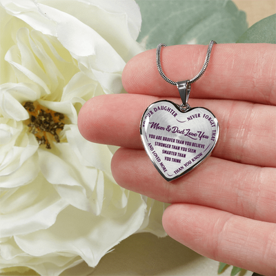 TO OUR DAUGHTER, YOU ARE BRAVER, MOM & DAD LOVE YOU - GOLD AND SILVER FINISHED HEART SHAPED NECKLACE AND BANGLE BRACELET (PURPLE TEXT ON TRANSPARENT) EO