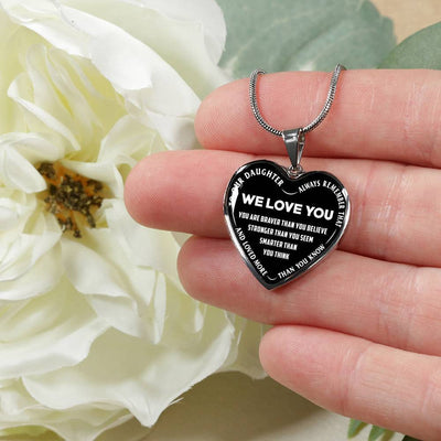 TO OUR DAUGHTER, ALWAYS REMEMBER THAT, WE LOVE YOU - (WHITE ON BLACK) SILVER OR GOLD FINISHED HEART NECKLACE AND BANGLE BRACELET NEW EO