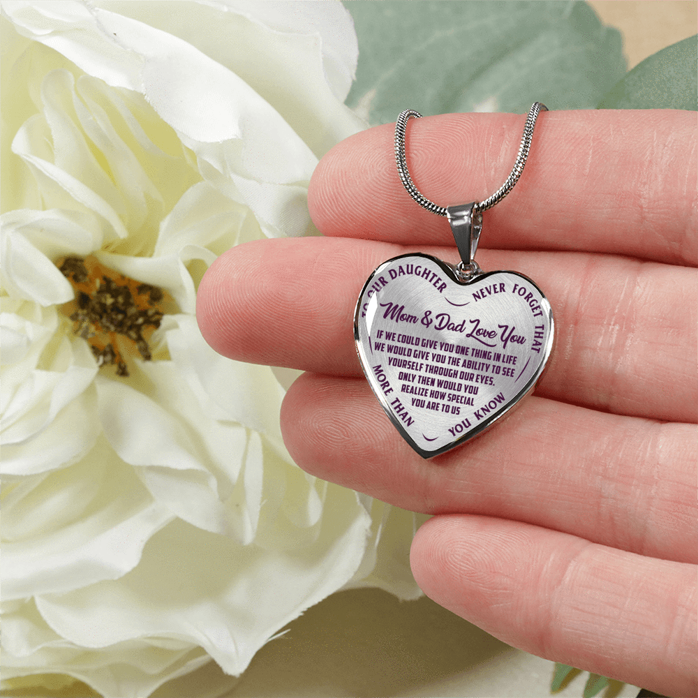 TO OUR DAUGHTER, MOM & DAD LOVE YOU, NEVER FORGET THAT - GOLD AND SILVER FINISHED HEART SHAPED NECKLACE AND BANGLE BRACELET(PURPLE TEXT ON TRANSPARENT) EO