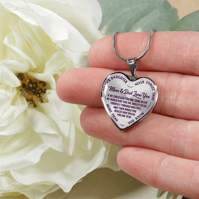 TO OUR DAUGHTER, MOM & DAD LOVE YOU, NEVER FORGET THAT - GOLD AND SILVER FINISHED HEART SHAPED NECKLACE AND BANGLE BRACELET(PURPLE TEXT ON TRANSPARENT) EO