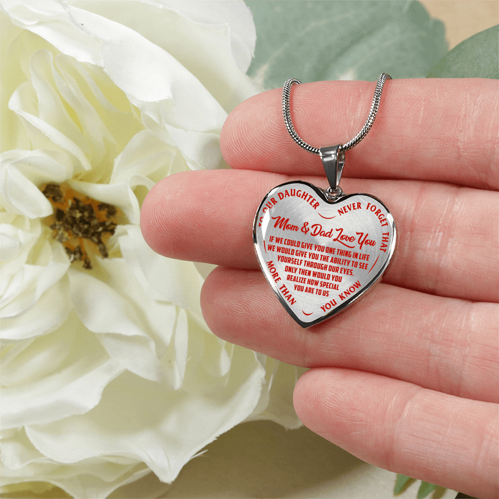 TO OUR DAUGHTER, MOM & DAD LOVE YOU, NEVER FORGET THAT - GOLD AND SILVER FINISHED HEART SHAPED NECKLACE AND BANGLE BRACELET(RED TEXT ON TRANSPARENT) EO
