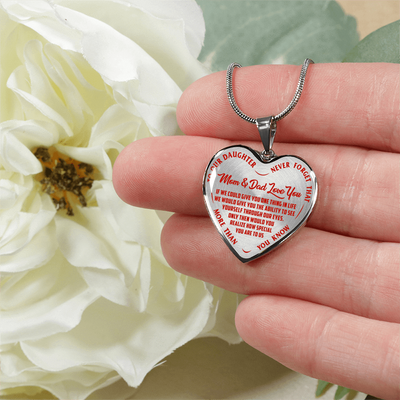 TO OUR DAUGHTER, MOM & DAD LOVE YOU, NEVER FORGET THAT - GOLD AND SILVER FINISHED HEART SHAPED NECKLACE AND BANGLE BRACELET(RED TEXT ON TRANSPARENT) EO