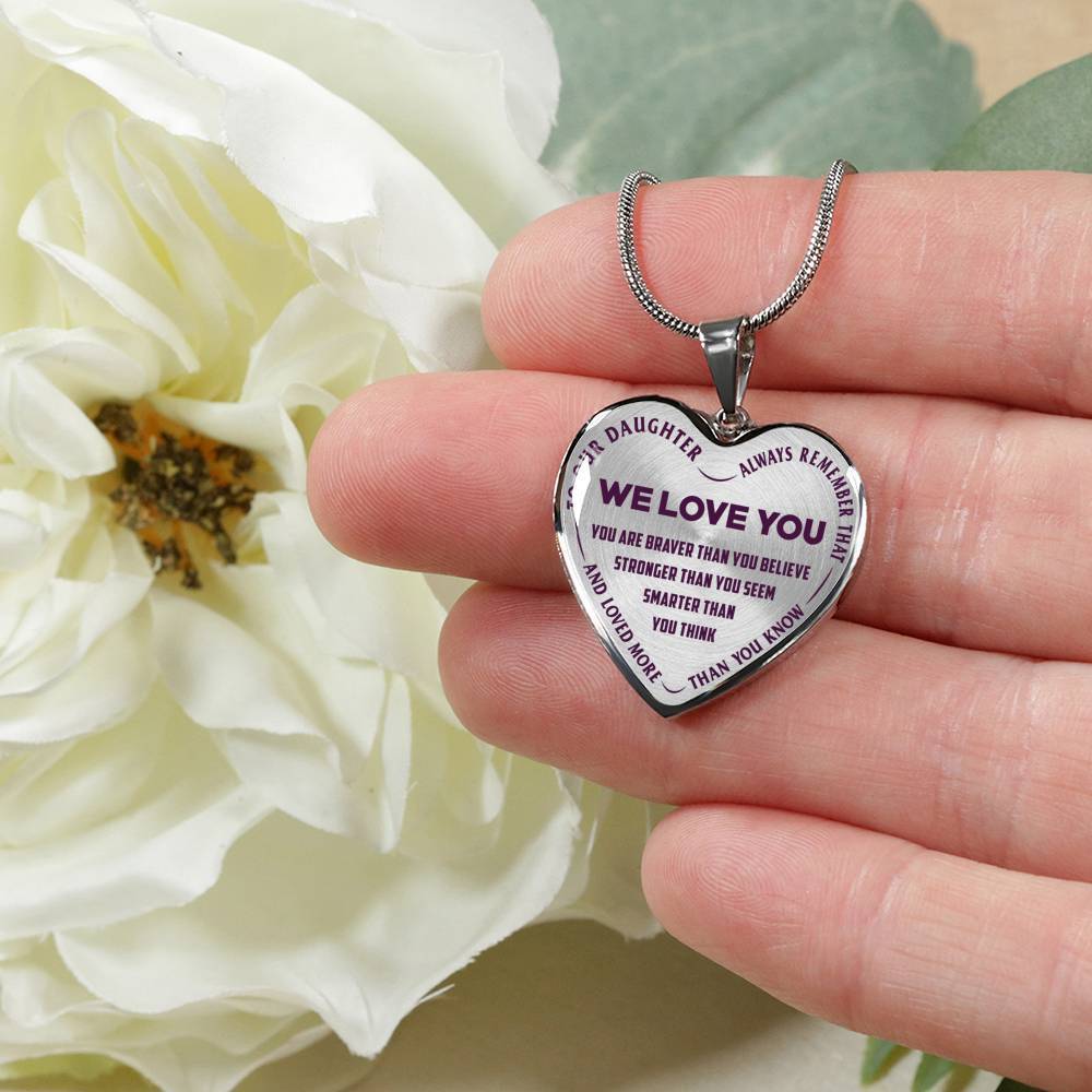 TO OUR DAUGHTER, ALWAYS REMEMBER THAT, WE LOVE YOU - (PURPLE ON TRANSPARENT) SILVER OR GOLD FINISHED HEART NECKLACE AND BANGLE BRACELET NEW EO