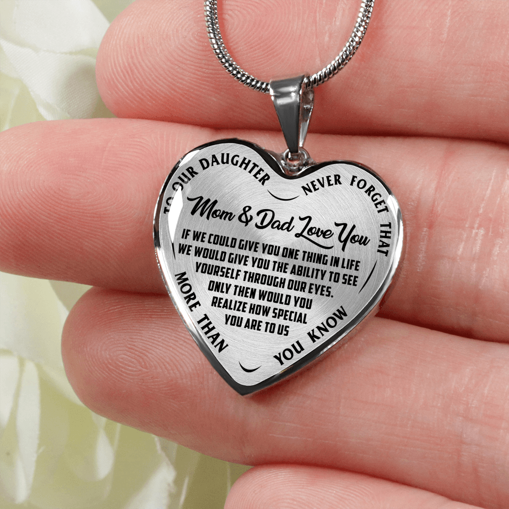 TO OUR DAUGHTER, MOM & DAD LOVE YOU, NEVER FORGET THAT - GOLD AND SILVER FINISHED HEART SHAPED NECKLACE AND BANGLE BRACELET(BLACK TEXT ON TRANSPARENT) EO