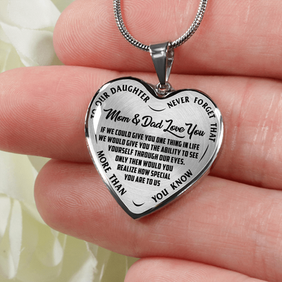 TO OUR DAUGHTER, MOM & DAD LOVE YOU, NEVER FORGET THAT - GOLD AND SILVER FINISHED HEART SHAPED NECKLACE AND BANGLE BRACELET(BLACK TEXT ON TRANSPARENT) EO