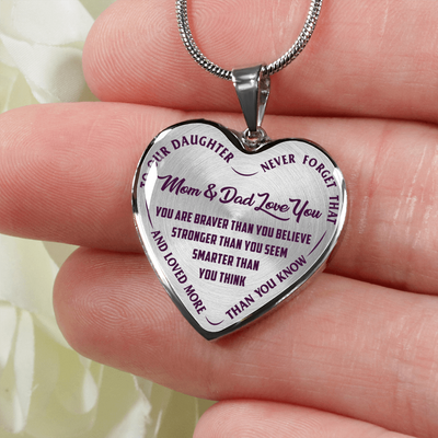 TO OUR DAUGHTER, YOU ARE BRAVER, MOM & DAD LOVE YOU - GOLD AND SILVER FINISHED HEART SHAPED NECKLACE AND BANGLE BRACELET (PURPLE TEXT ON TRANSPARENT) EO