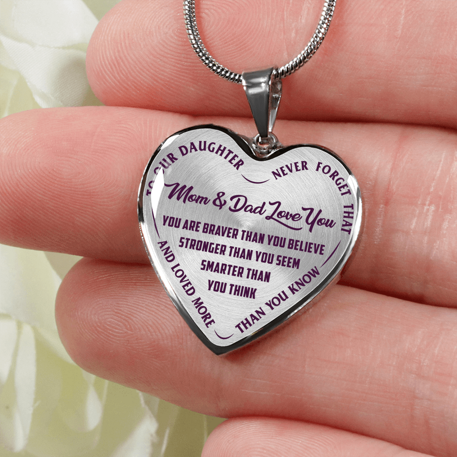 TO OUR DAUGHTER, YOU ARE BRAVER, MOM & DAD LOVE YOU - GOLD AND SILVER FINISHED HEART SHAPED NECKLACE AND BANGLE BRACELET (PURPLE TEXT ON TRANSPARENT) EO