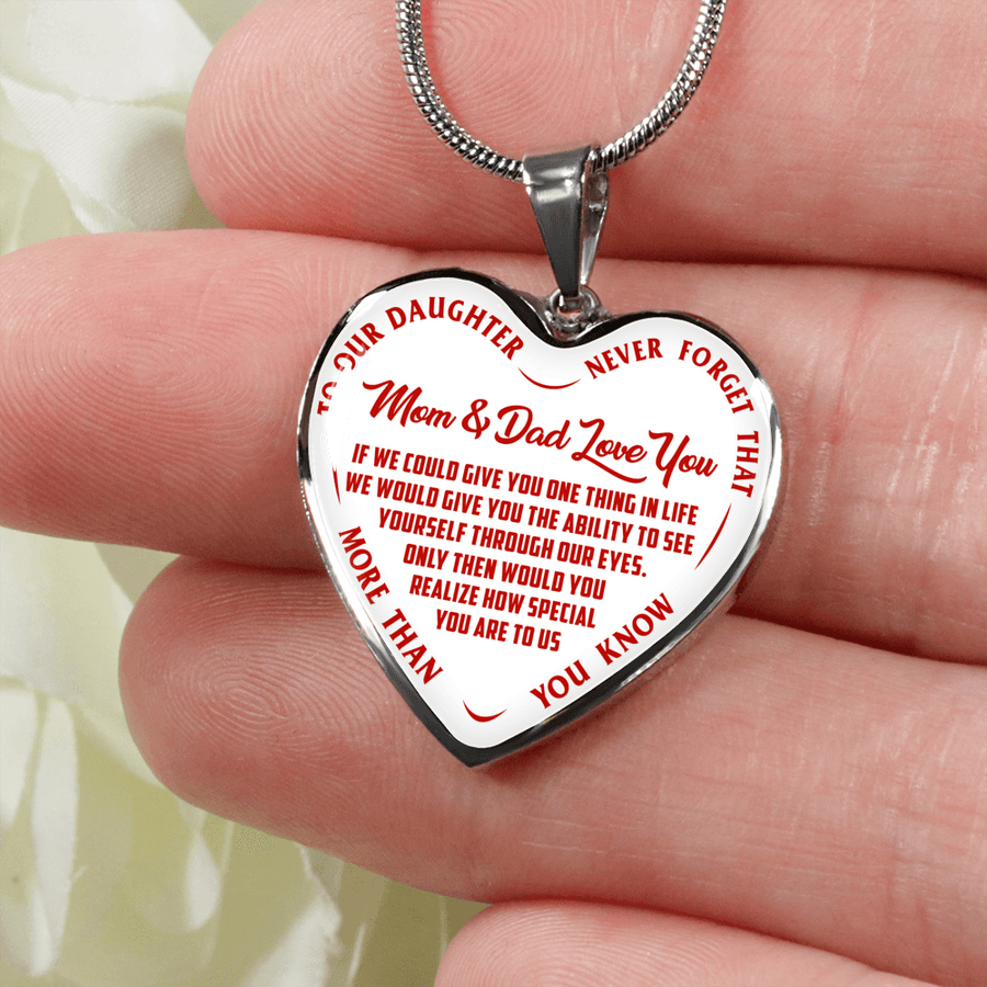 TO OUR DAUGHTER, MOM & DAD LOVE YOU, NEVER FORGET THAT - GOLD AND SILVER FINISHED HEART SHAPED NECKLACE AND BANGLE BRACELET (RED TEXT ON WHITE) EO