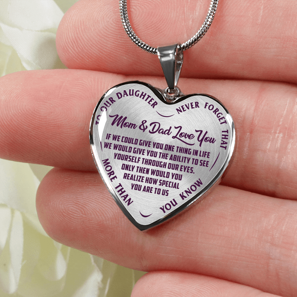 TO OUR DAUGHTER, MOM & DAD LOVE YOU, NEVER FORGET THAT - GOLD AND SILVER FINISHED HEART SHAPED NECKLACE AND BANGLE BRACELET(PURPLE TEXT ON TRANSPARENT) EO