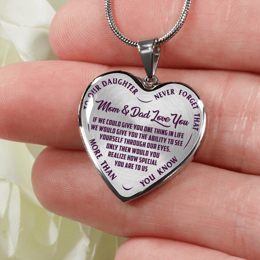 TO OUR DAUGHTER, MOM & DAD LOVE YOU, NEVER FORGET THAT - GOLD AND SILVER FINISHED HEART SHAPED NECKLACE AND BANGLE BRACELET(PURPLE TEXT ON TRANSPARENT) EO