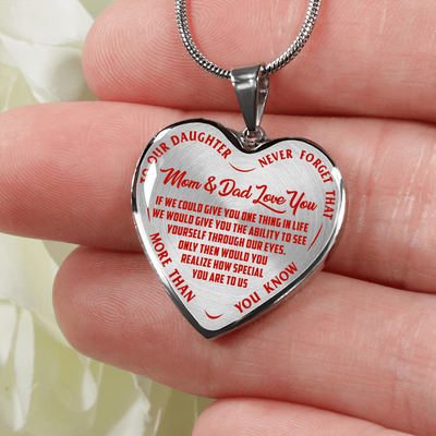 TO OUR DAUGHTER, MOM & DAD LOVE YOU, NEVER FORGET THAT - GOLD AND SILVER FINISHED HEART SHAPED NECKLACE AND BANGLE BRACELET(RED TEXT ON TRANSPARENT) EO