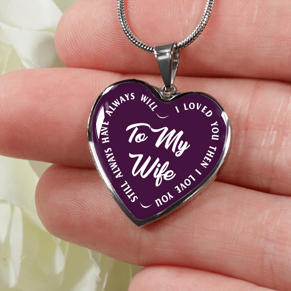 TO MY WIFE (WHITE TEXT ON PURPLE) SILVER OR GOLD FINISHED HEART SHAPED NECKLACE OR BRACELET (EO) - podprintz.com