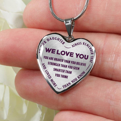 TO OUR DAUGHTER, ALWAYS REMEMBER THAT, WE LOVE YOU - (PURPLE ON TRANSPARENT) SILVER OR GOLD FINISHED HEART NECKLACE AND BANGLE BRACELET NEW EO