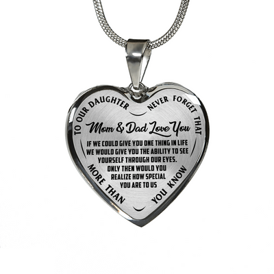 TO OUR DAUGHTER, MOM & DAD LOVE YOU, NEVER FORGET THAT - GOLD AND SILVER FINISHED HEART SHAPED NECKLACE AND BANGLE BRACELET(BLACK TEXT ON TRANSPARENT) EO