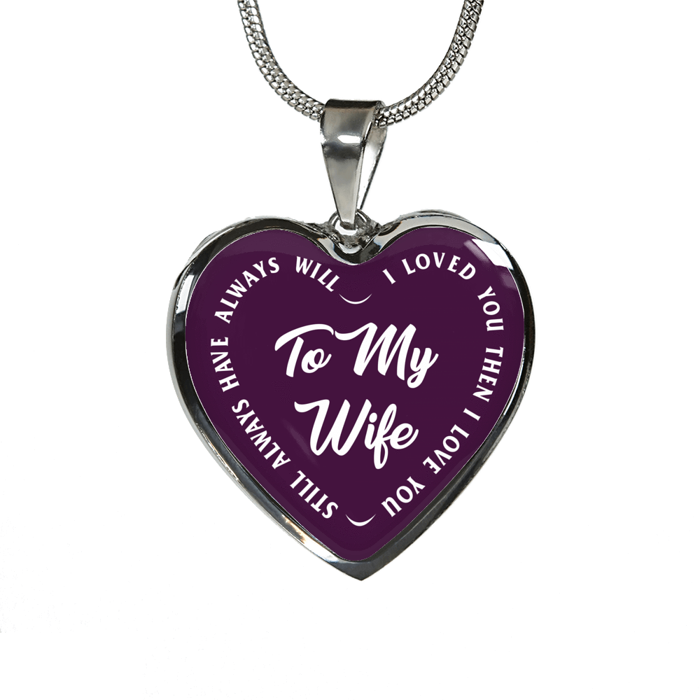 TO MY WIFE (WHITE TEXT ON PURPLE) SILVER OR GOLD FINISHED HEART SHAPED NECKLACE OR BRACELET (EO) - podprintz.com