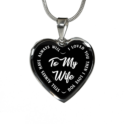TO MY WIFE (WHITE TEXT ON BLACK) SILVER OR GOLD FINISHED HEART SHAPED NECKLACE OR BRACELET (EO) - podprintz.com