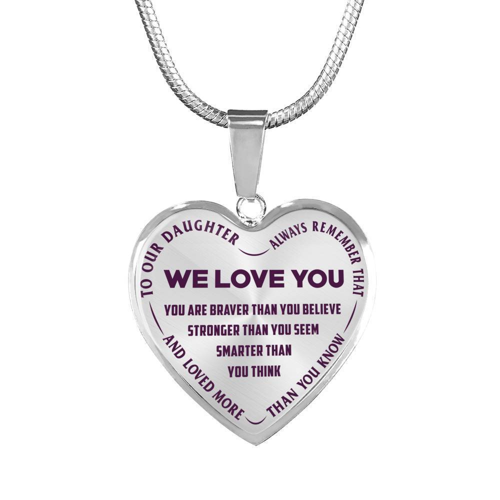 TO OUR DAUGHTER, ALWAYS REMEMBER THAT, WE LOVE YOU - (PURPLE ON TRANSPARENT) SILVER OR GOLD FINISHED HEART NECKLACE AND BANGLE BRACELET NEW EO