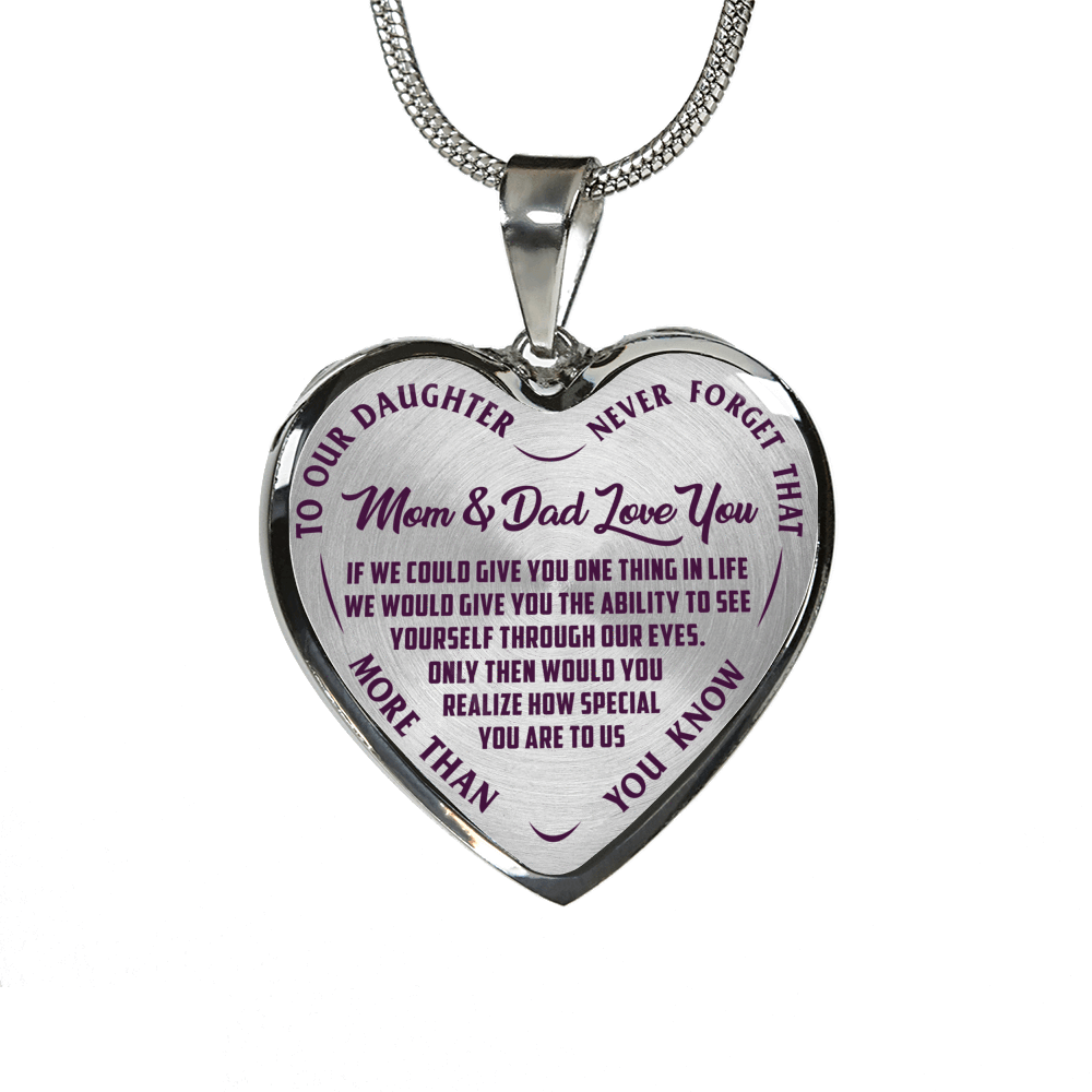 TO OUR DAUGHTER, MOM & DAD LOVE YOU, NEVER FORGET THAT - GOLD AND SILVER FINISHED HEART SHAPED NECKLACE AND BANGLE BRACELET(PURPLE TEXT ON TRANSPARENT) EO