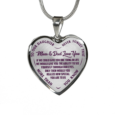 TO OUR DAUGHTER, MOM & DAD LOVE YOU, NEVER FORGET THAT - GOLD AND SILVER FINISHED HEART SHAPED NECKLACE AND BANGLE BRACELET(PURPLE TEXT ON TRANSPARENT) EO