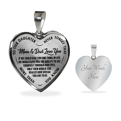 TO OUR DAUGHTER, MOM & DAD LOVE YOU, NEVER FORGET THAT - GOLD AND SILVER FINISHED HEART SHAPED NECKLACE AND BANGLE BRACELET(BLACK TEXT ON TRANSPARENT) EO
