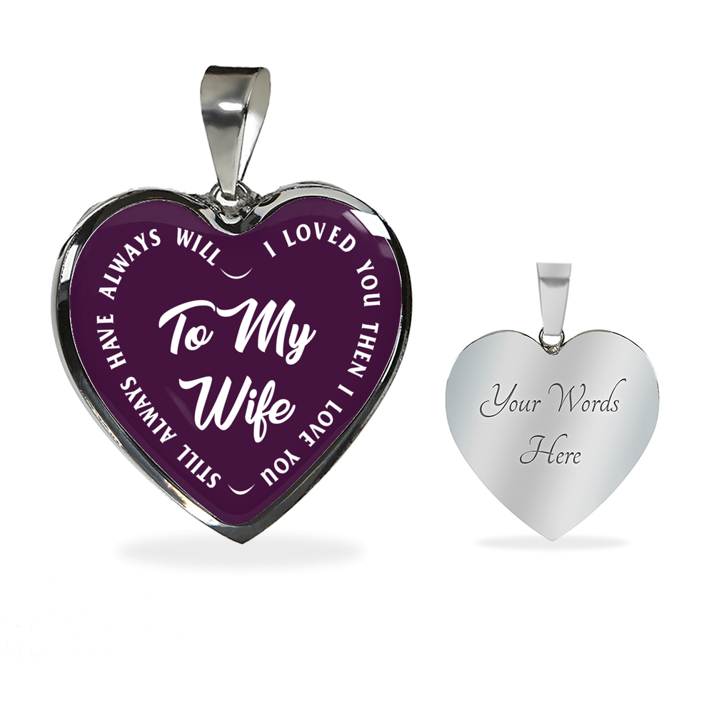 TO MY WIFE (WHITE TEXT ON PURPLE) SILVER OR GOLD FINISHED HEART SHAPED NECKLACE OR BRACELET (EO) - podprintz.com